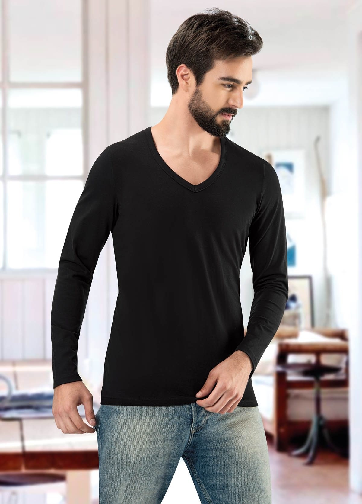 V Yaka Uzun Kol Erkek Atlet Pamuklu Esnek Anıt 1166 - Siyah