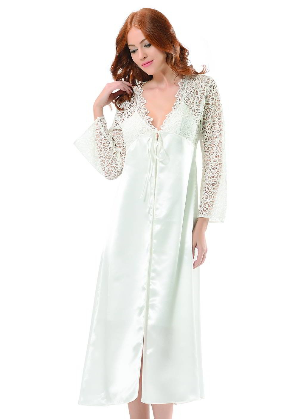 Dantelli Uzun Gecelik Takım Ekru NBB 3248 - Ekru