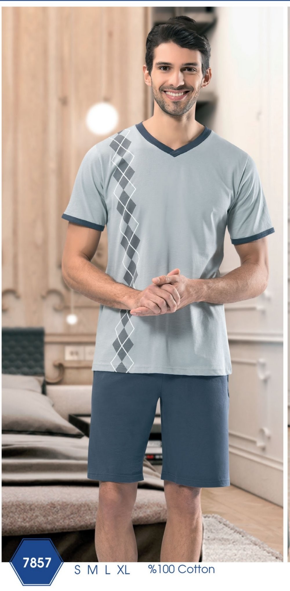 NBB Dik Baklava Desenli V Yaka Şortlu Pijama NBB 7857