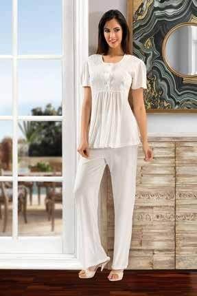 Uzun Kuşaklı Pamuklu Pijama Takım XSES 4001 - Ekru