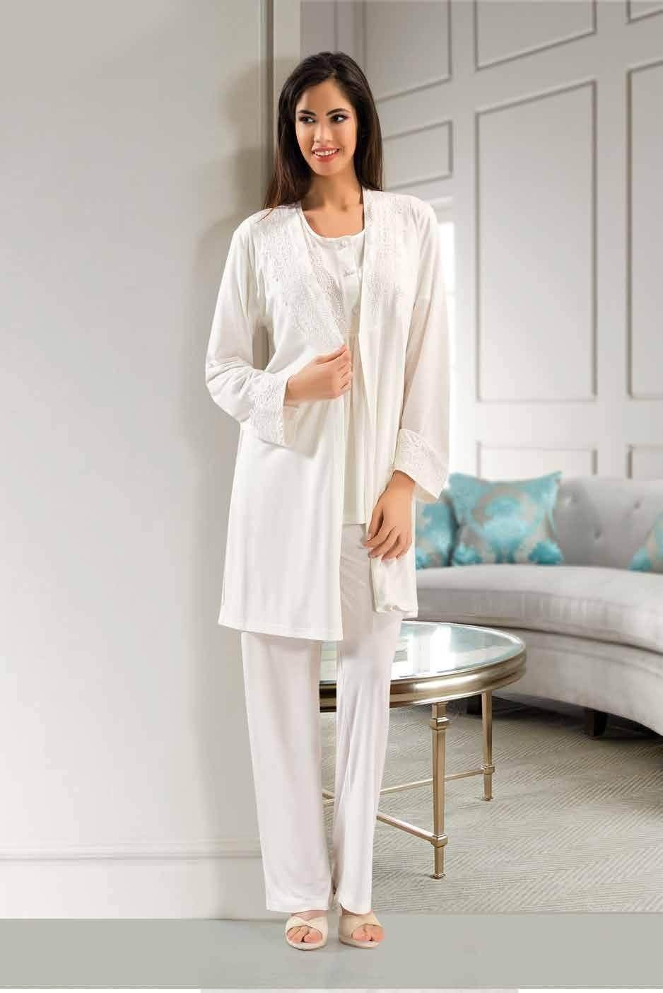 Uzun Kuşaklı Pamuklu Pijama Takım XSES 4001 - Ekru