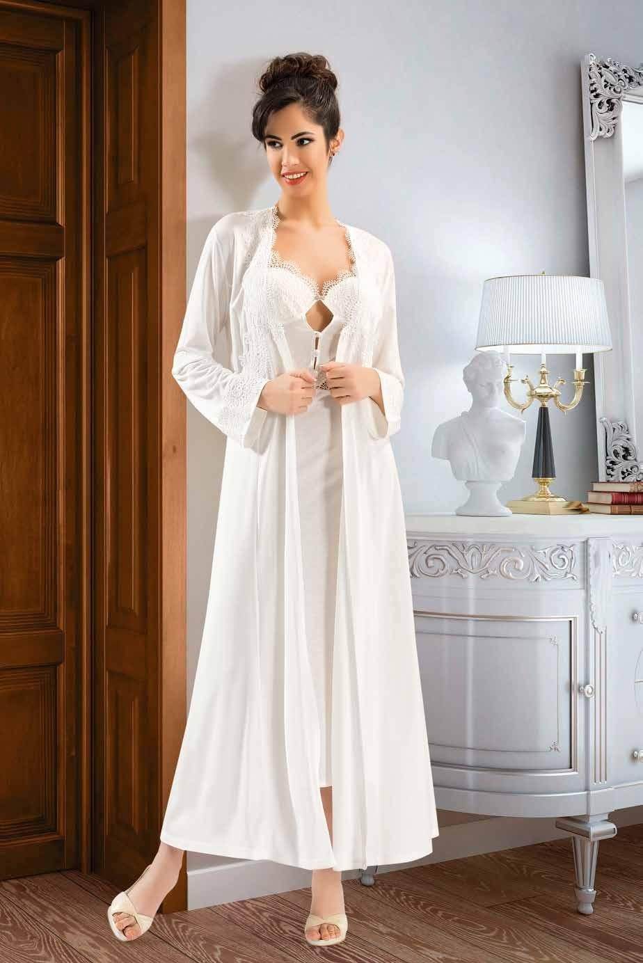 Şık Siyah-Gri Fantazi Gecelik Sabahlık Takım XSES 3004 - Ekru