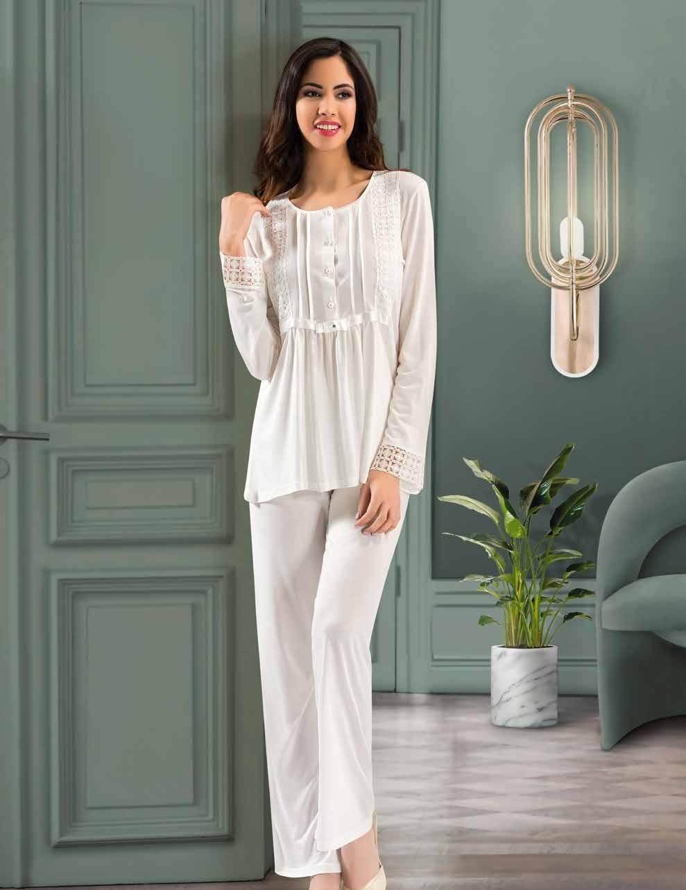 Pudra Ekru Pamuklu Fantazi Pijama Takım XSES 2405 - Ekru