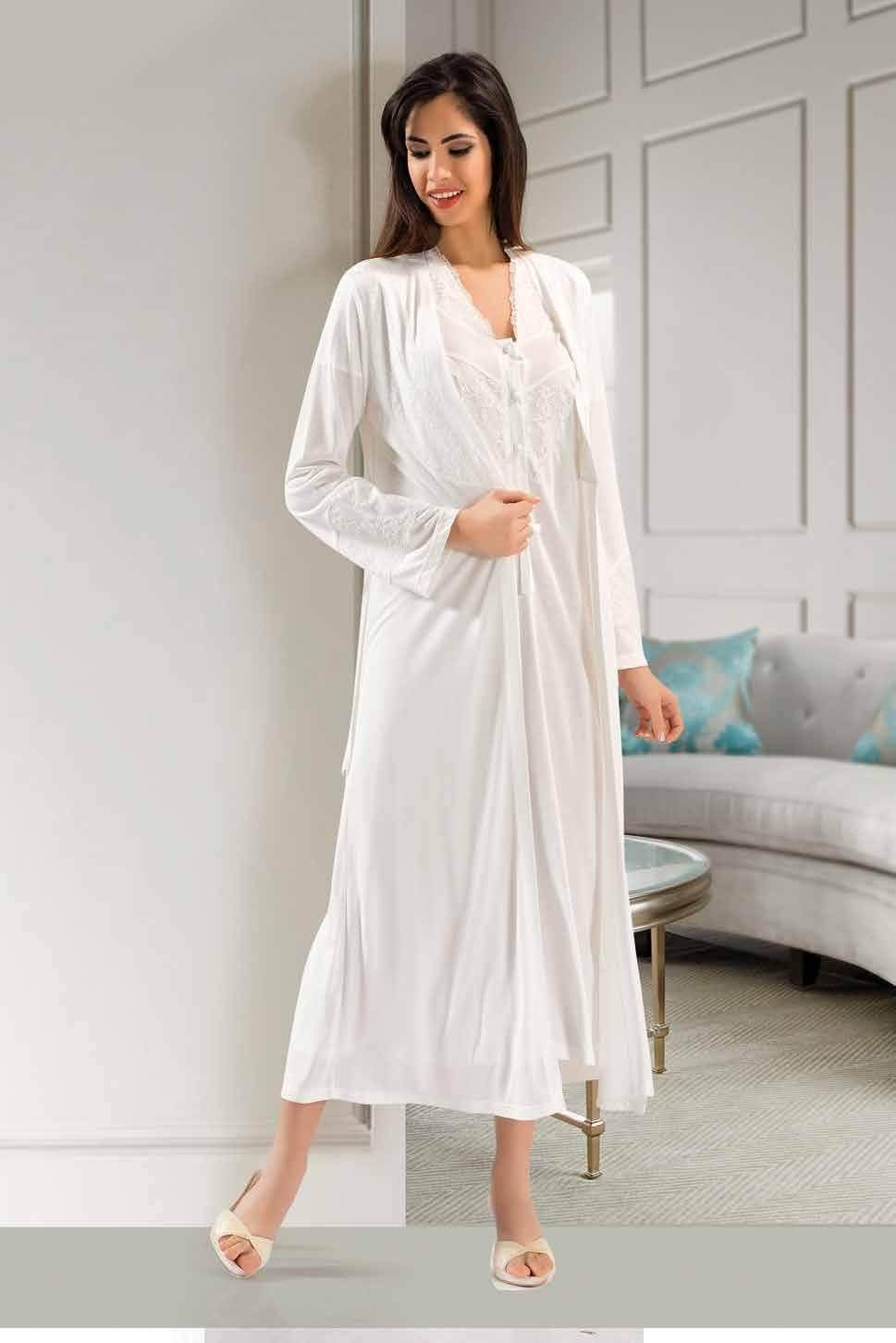 Saten Kuşak Detaylı Uzun Sabahlık XSES 2370 - Ekru