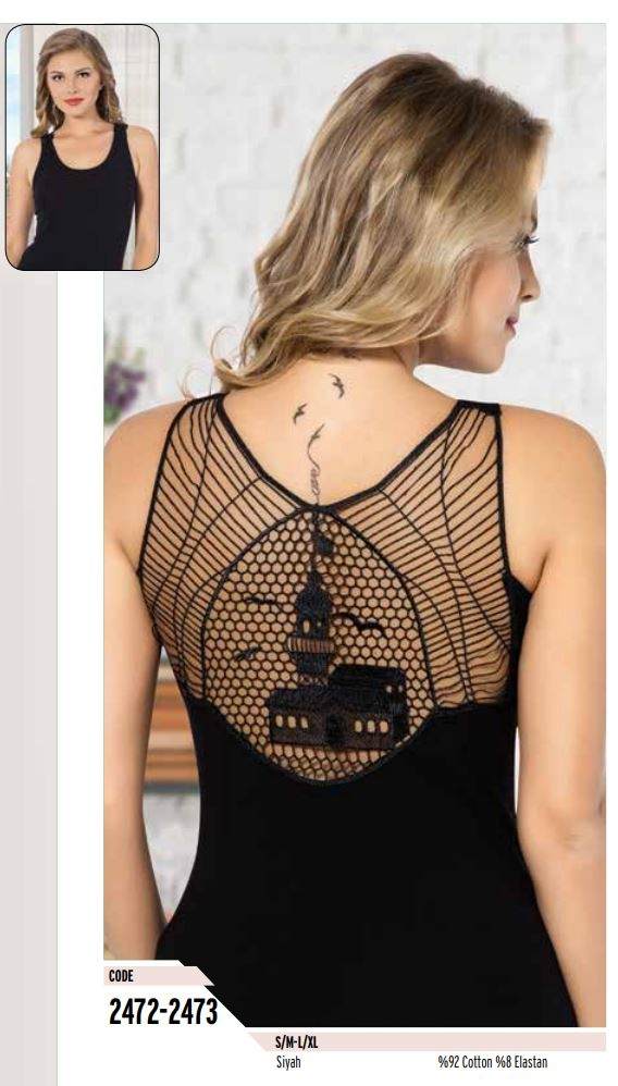 Pamuklu Likralı Dantelli Atlet Kadın HMD 2472 - Siyah