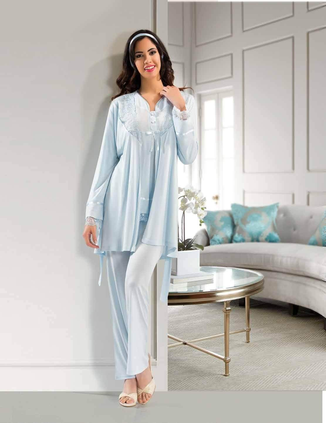 Esnek Bel Ayarı Emzirme Açıklığı Hamile Pijama Takımı XSES 2190 - Mavi