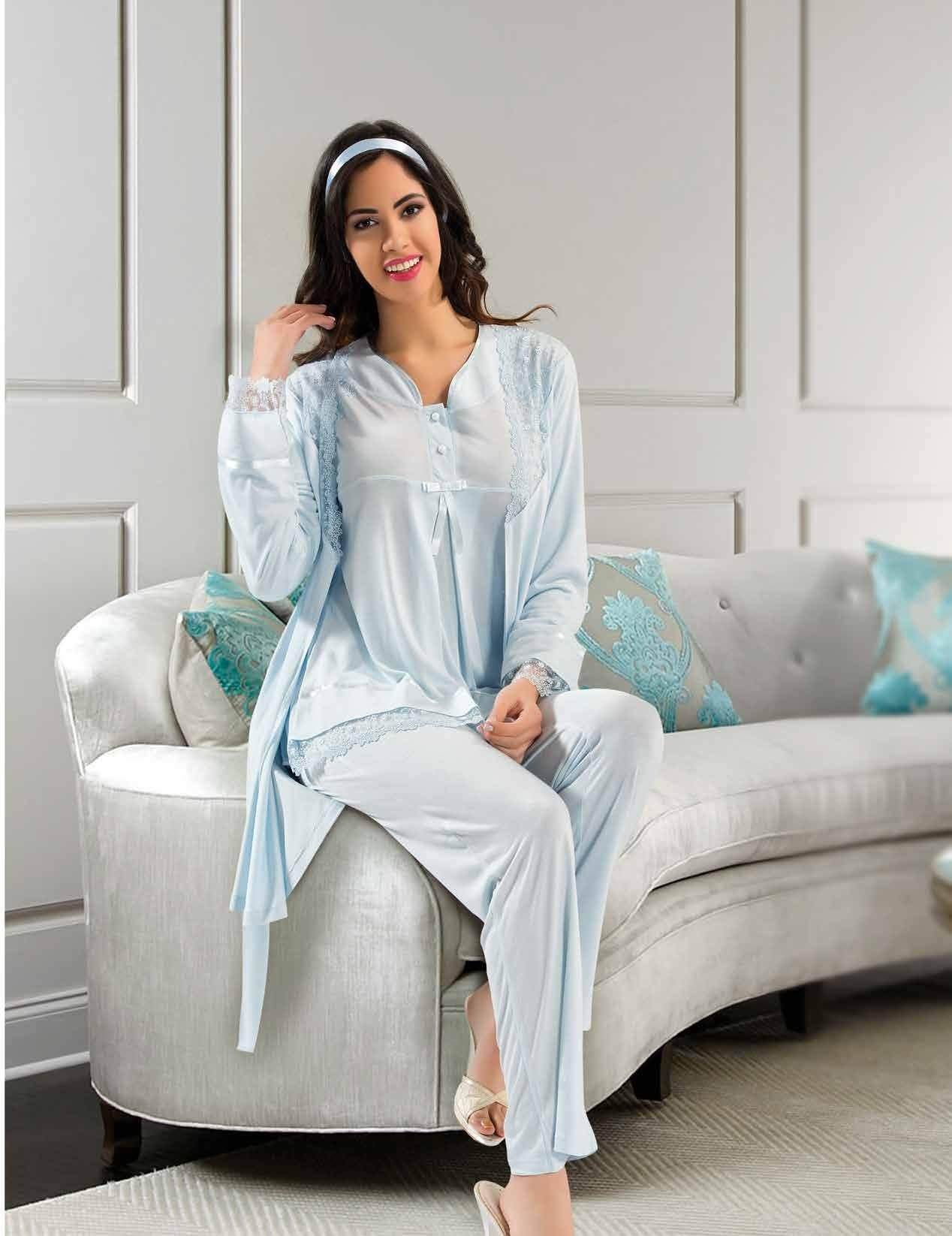 Esnek Bel Ayarı Emzirme Açıklığı Hamile Pijama Takımı XSES 2190 - Mavi