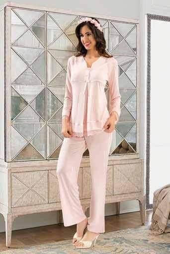 Esnek Bel Ayarı Emzirme Açıklığı Hamile Pijama Takımı XSES 2190 - Pudra