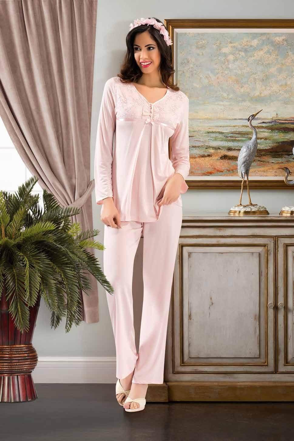 Esnek Bel Ayarı Emzirme Açıklığı Lohusa Pijama Takımı XSES 2340 - Pudra