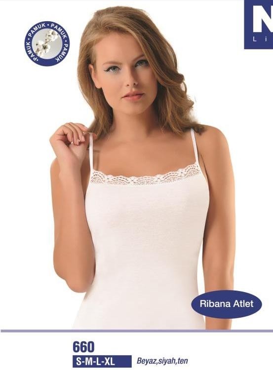 Pamuklu Ribana Dantelli İp Askılı Atlet NBB 660 - Beyaz