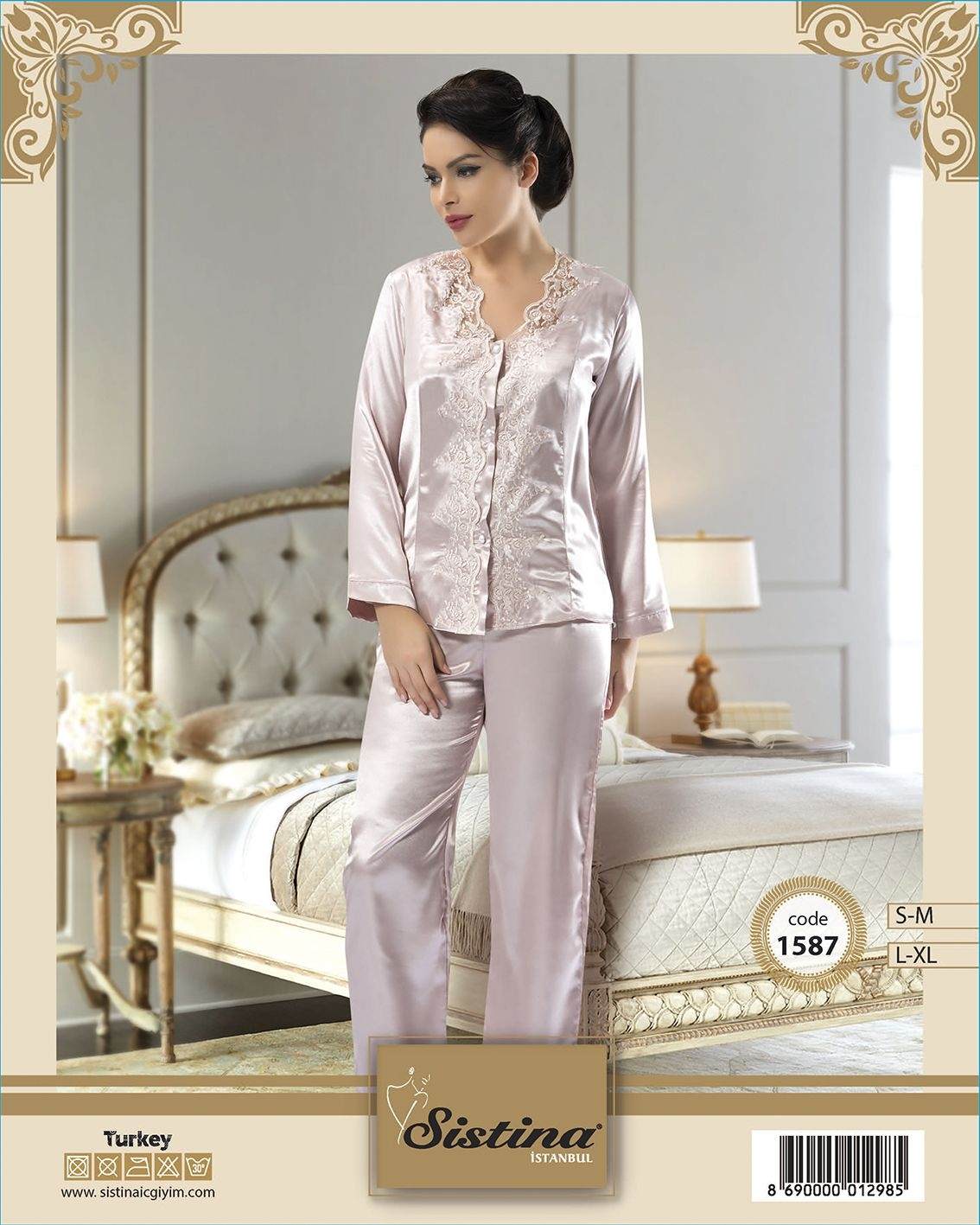 Saten Kumaşlı Şık Pijama Takımı Sistina 1587 - Pudra
