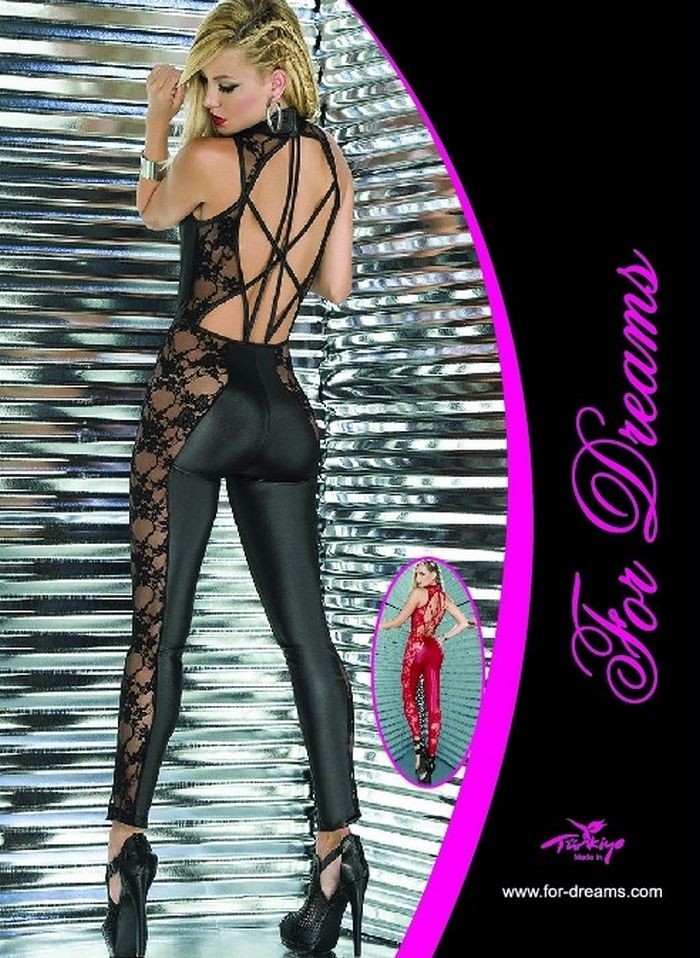 Transparan Yanlı Dantel Deri Tulum For Dreams 8090 - Siyah