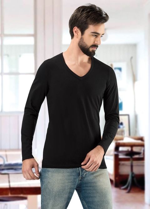 V Yaka Uzun Kol Erkek Atlet Pamuklu Esnek Anıt 1166 - Siyah