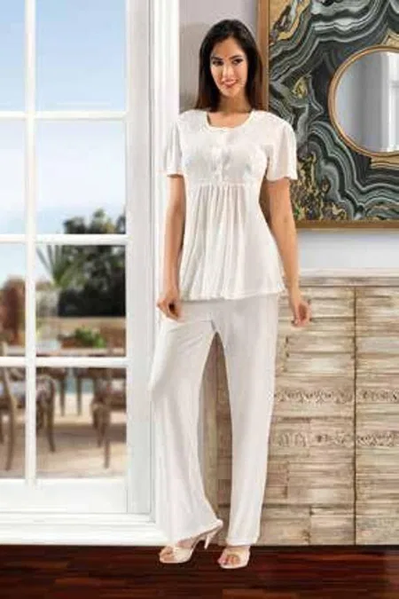 Uzun Kuşaklı Pamuklu Pijama Takım XSES 4001 - Ekru
