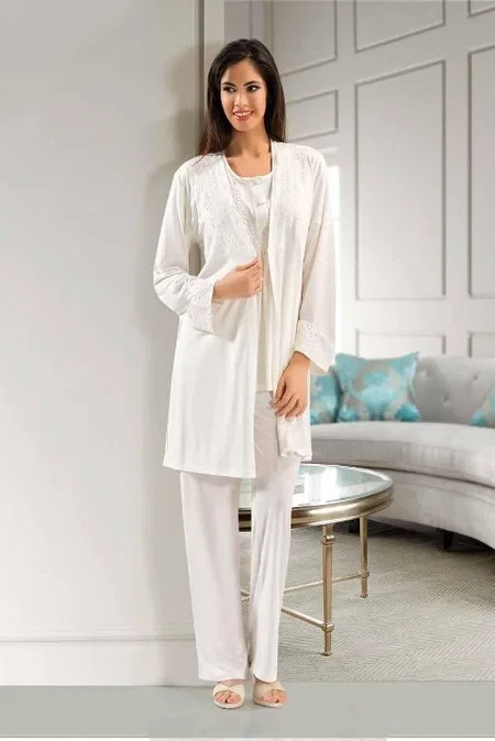 Uzun Kuşaklı Pamuklu Pijama Takım XSES 4001 - Ekru