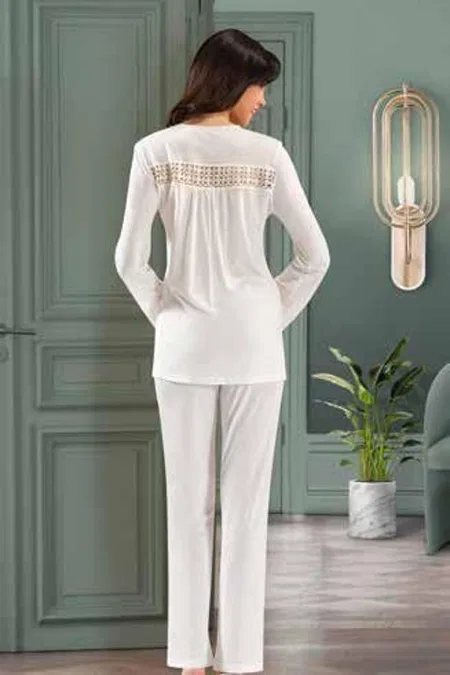 Pudra Ekru Pamuklu Fantazi Pijama Takım XSES 2405 - Ekru