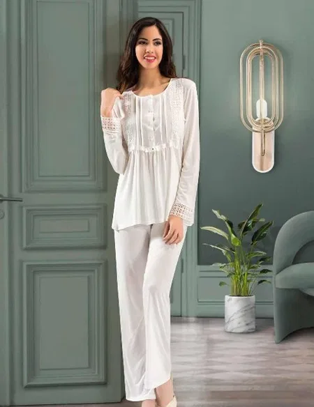 Pudra Ekru Pamuklu Fantazi Pijama Takım XSES 2405 - Ekru