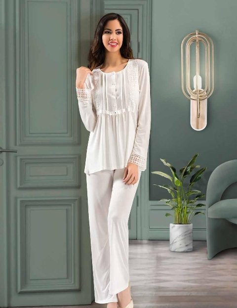 Pudra Ekru Pamuklu Fantazi Pijama Takım XSES 2405