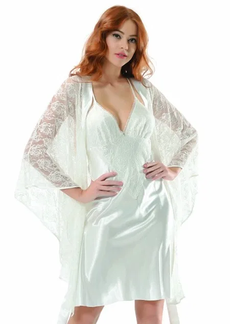 Saten Uzun Kuşaklı Sabahlık NBB 3243 - Ekru