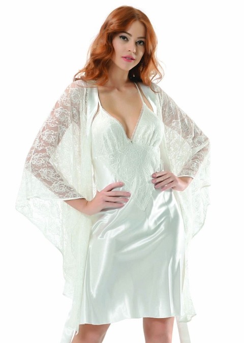 Saten Uzun Kuşaklı Sabahlık NBB 3243 - Ekru