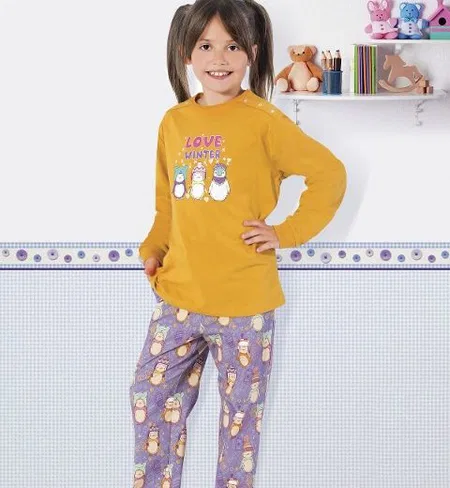 Pamuklu Manşetli Kız Çocuk Pijama Takımı HMD 5265 - Görsel