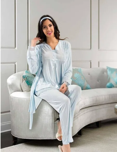 Esnek Bel Ayarı Emzirme Açıklığı Hamile Pijama Takımı XSES 2190 - Mavi