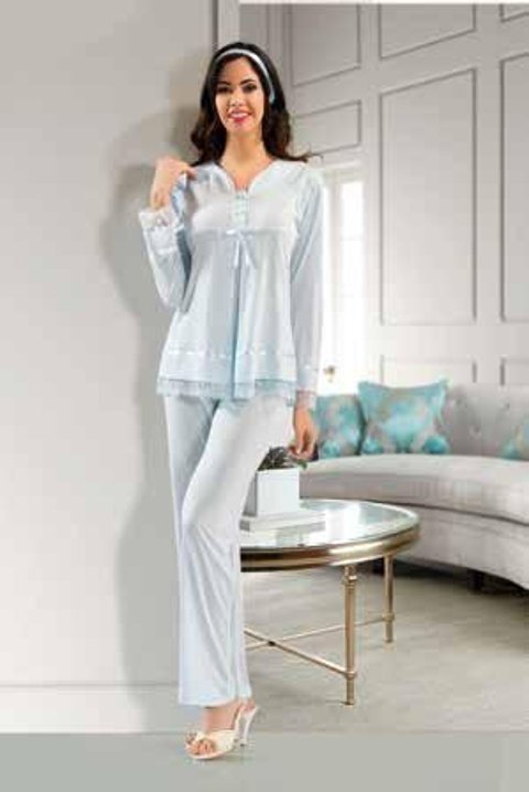 Esnek Bel Ayarı Emzirme Açıklığı Hamile Pijama Takımı XSES 2190 - Mavi