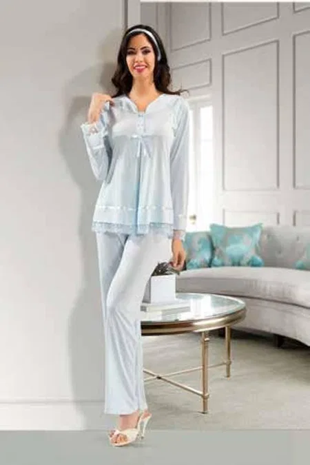 Esnek Bel Ayarı Emzirme Açıklığı Hamile Pijama Takımı XSES 2190 - Mavi