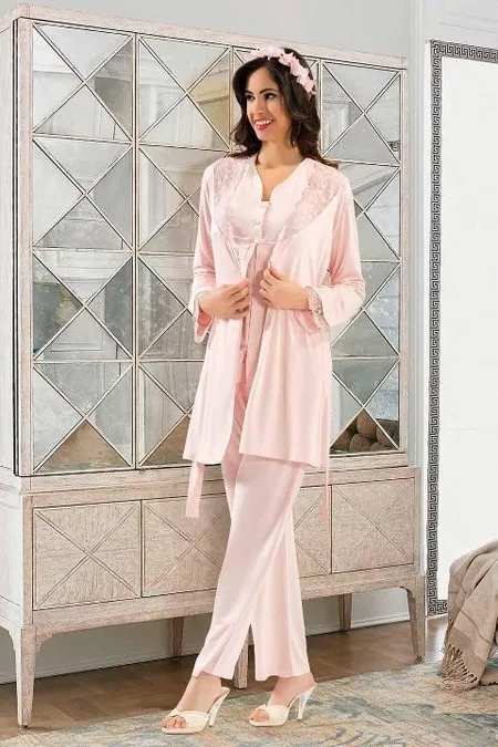 Esnek Bel Ayarı Emzirme Açıklığı Hamile Pijama Takımı XSES 2190 - Pudra