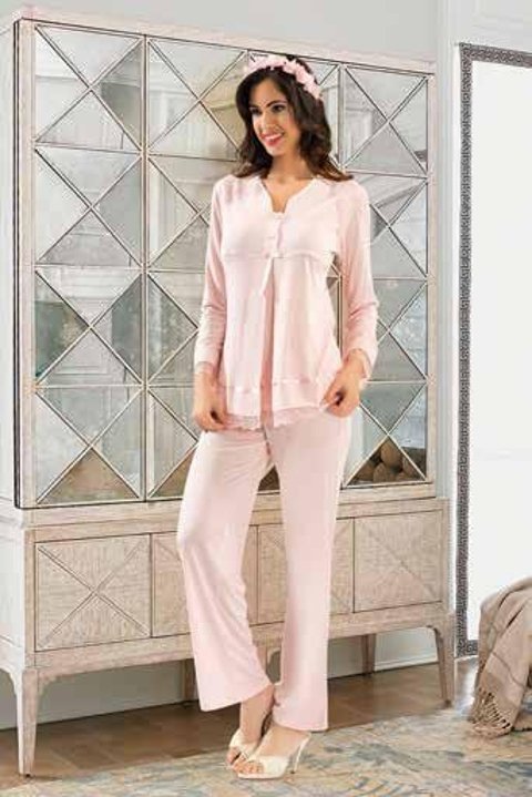 Esnek Bel Ayarı Emzirme Açıklığı Hamile Pijama Takımı XSES 2190 - Pudra