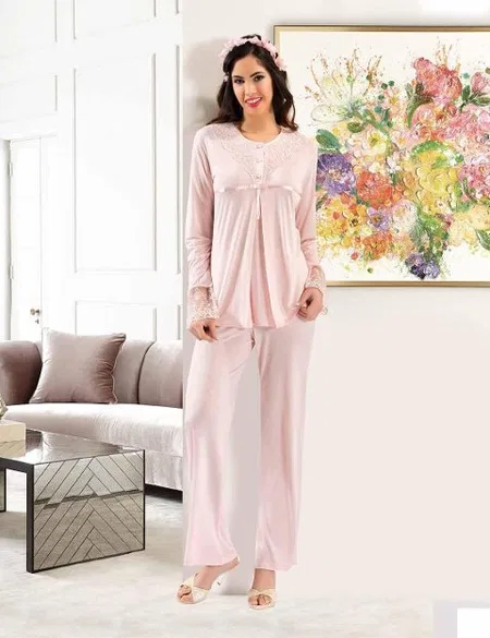 Pamuklu Esnek Bel Hamile Pijama Takımı XSES 2210 - Pudra