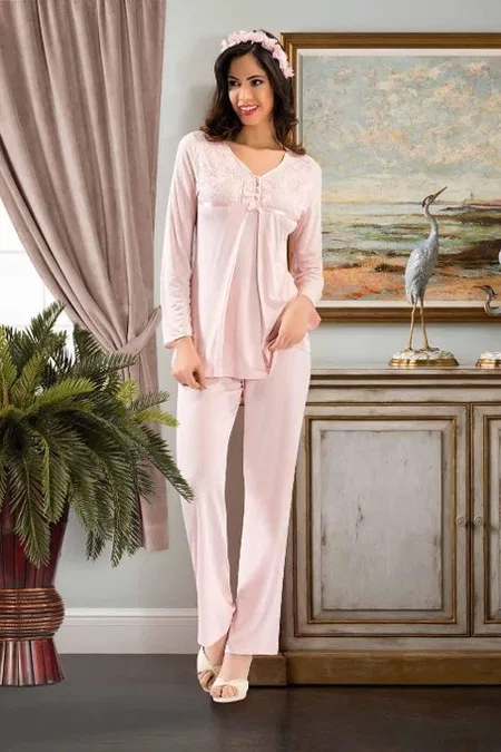 Esnek Bel Ayarı Emzirme Açıklığı Lohusa Pijama Takımı XSES 2340 - Pudra