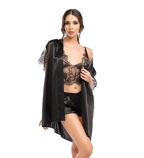 Şortlu Tül Büstiyerli Sabahlık NBB 3260 - Siyah