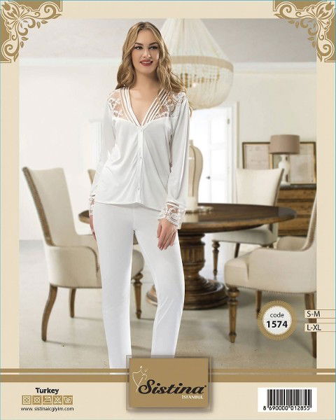 Saten Likralı Ekru Pijama Takımı Sistina 1574 - 2