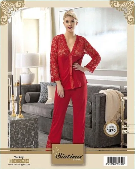 Penye Likra Uzun Kollu Kırmızı Pijama Takımı Sistina 1570 - 2