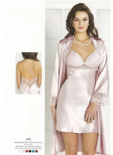 Pierre Cardin 4285 Saten Gecelik Sabahlık Takım - Pudra