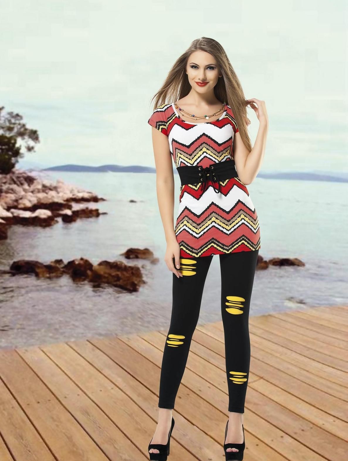 Anıt Yüksek Bel Destekli Çizgili Tayt Takım Anıt 4399 - Görsel 4