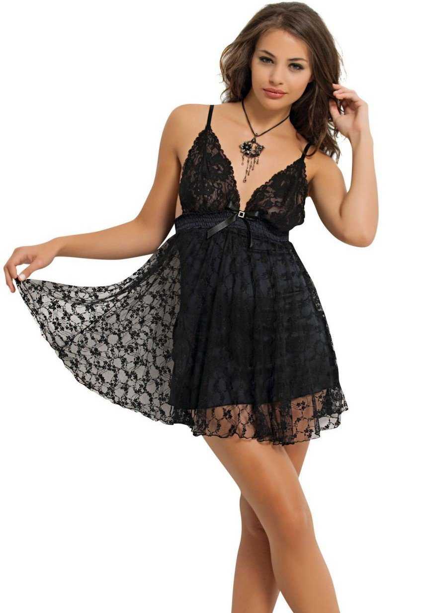 Saten Dantel Kısa Gecelik NBB 3963 - Siyah