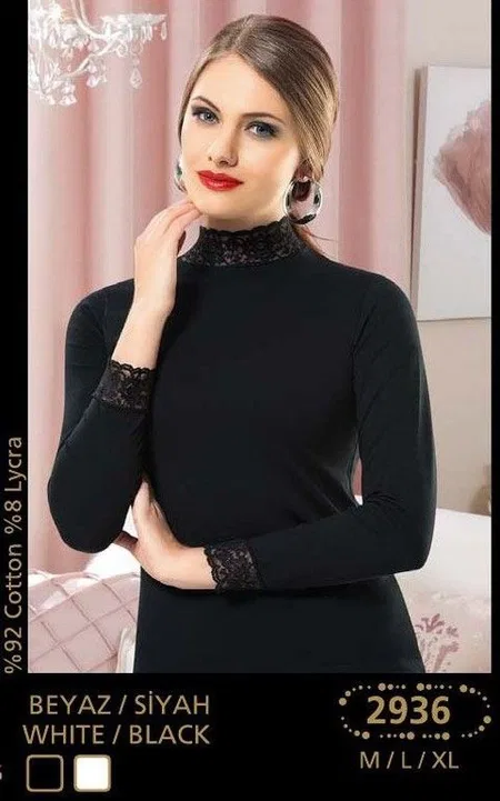 Dantel Detaylı Uzun Kol Body Siyah Esnek Anıt 2936 - 2