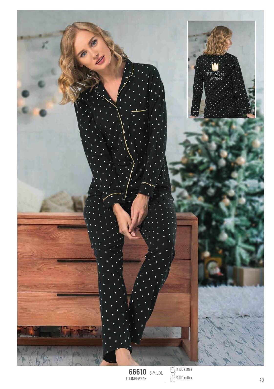 NBB Puanlı Pamuklu Uzun Kol Kadın Pijama Takımı NBB 66610