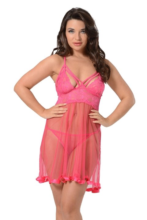 Dantelli Braletli Kısa Gecelik Pembe Sistina 683