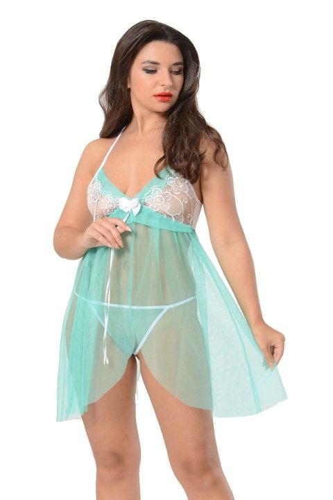 Dantelli Kısa Yeşil Gecelik Şifon Sistina 652