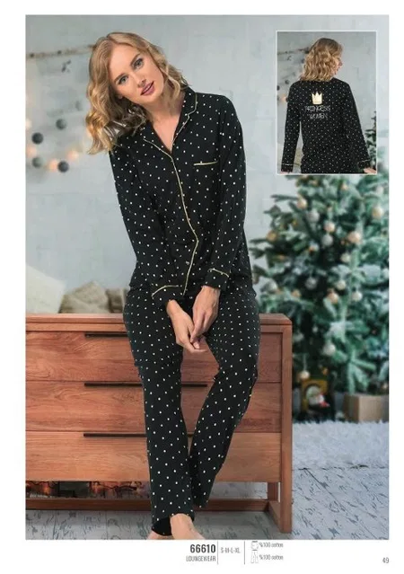NBB Puanlı Pamuklu Uzun Kol Kadın Pijama Takımı NBB 66610