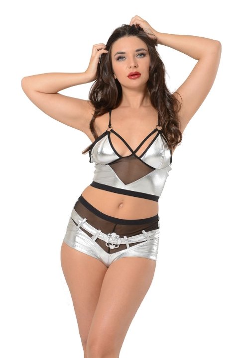 Dantel Detaylı Parlak Fantazi Büstiyerli Şort Takım Sistina 432 - Gri