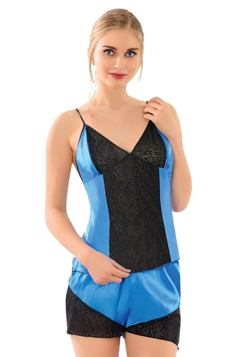 Saten Elastan Mavi Şort Atlet Pijama Takımı Sistina 292