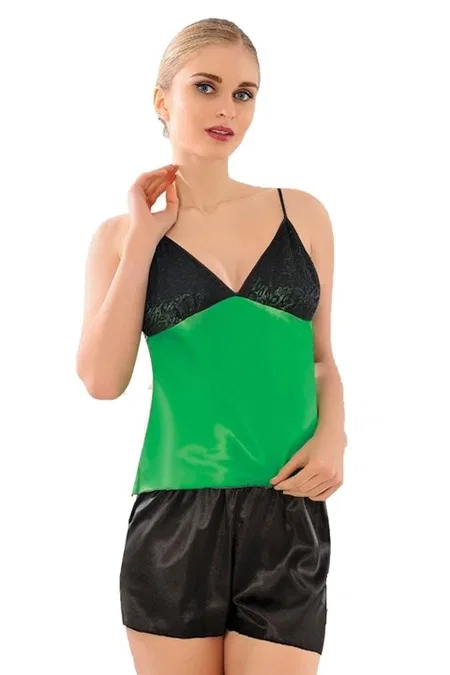 Saten Elastan Tulumlu Şort Kadın Pijama Takımı Sistina 293 - Yeşil