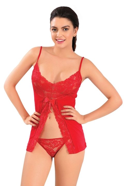 Kırmızı Dantelli Kısa Gecelik Sistina 3016