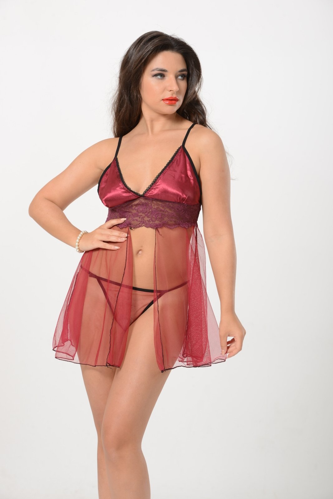 Bordo Tül Kısa Gecelik Şifon Sistina 670 - Bordo