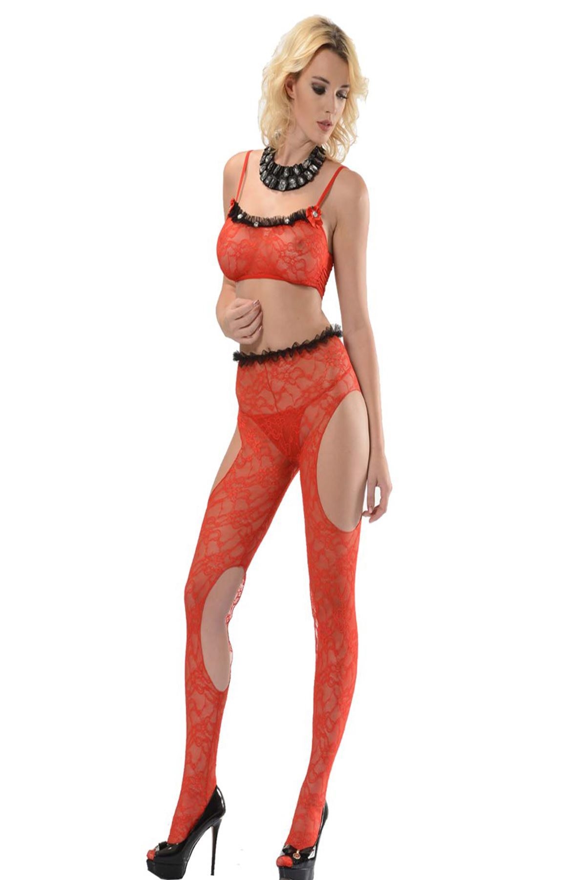 Kırmızı File Detaylı Vücut Çorabı Sistina 1028 - Kırmızı