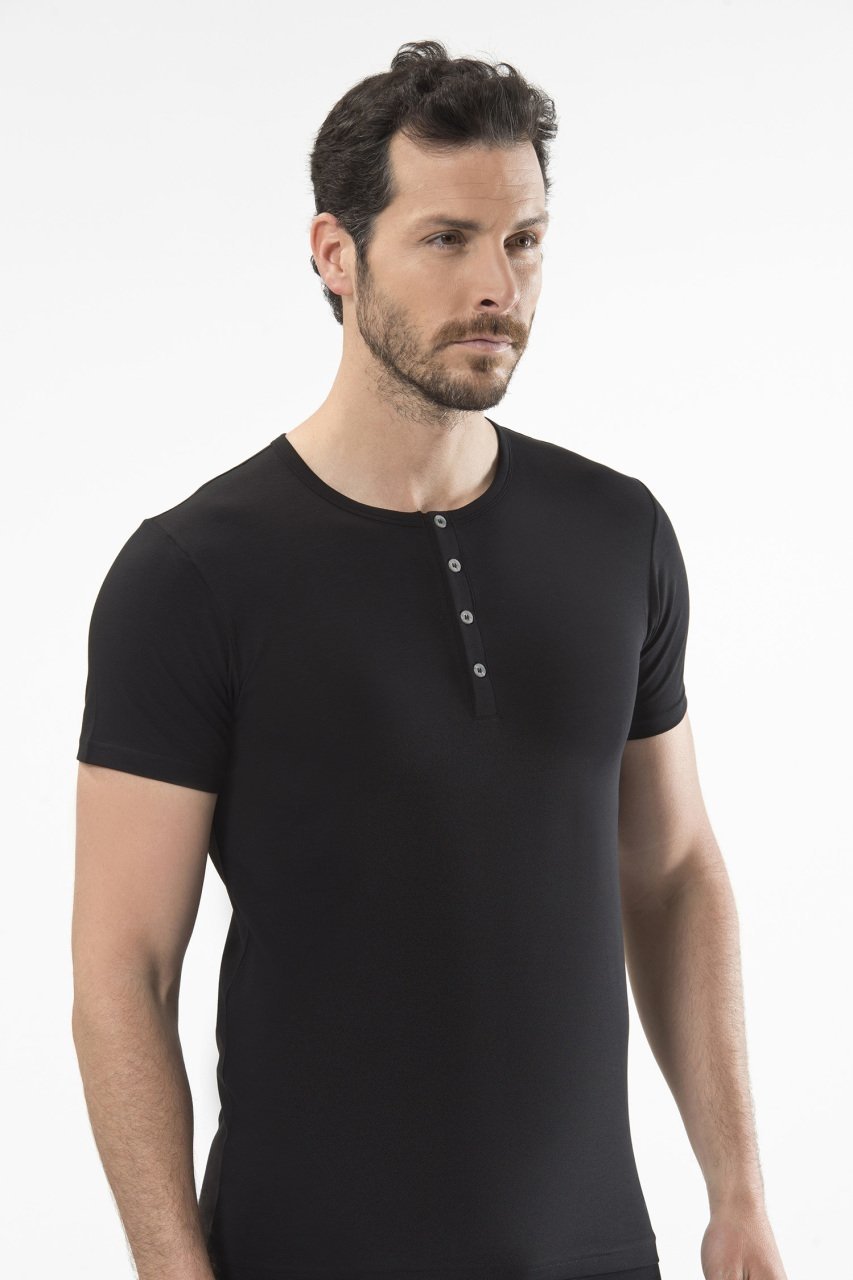 Düğmeli Kısa Kollu T-Shirt Siyah Cacharel 1308 - Siyah